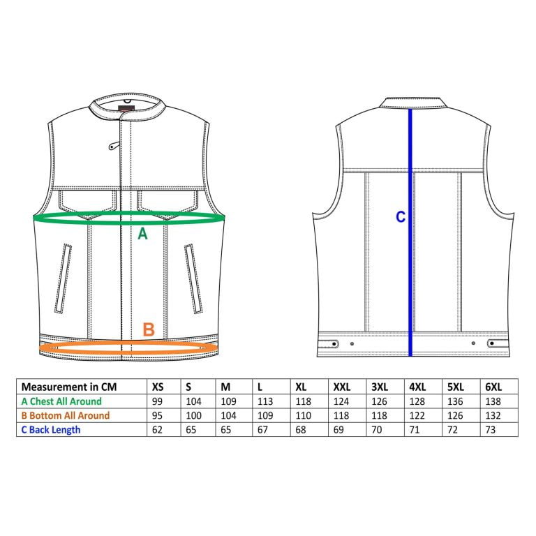 Kerozen Dryden Gilet cuir size chart