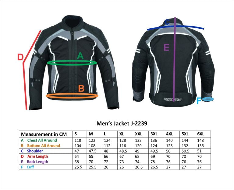 Kerozen Summer Motorcycle Jacket for Mens Size Chart