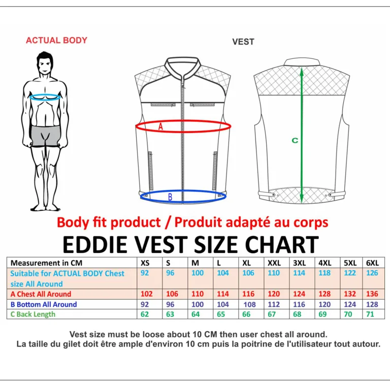 Kerozen Eddie Motorcycle Leather Vest Moto Gilet Size Chart