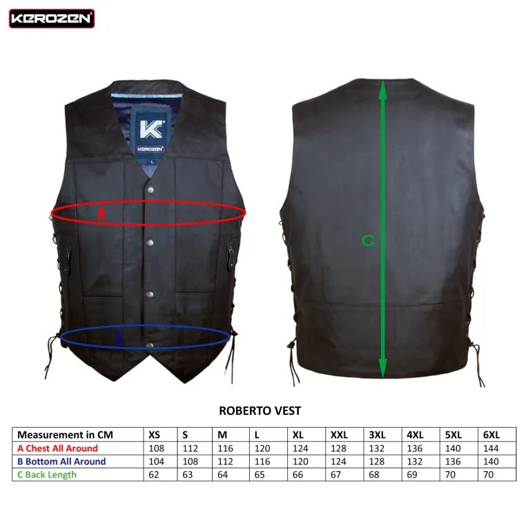 Roberto smart gilet size chart
