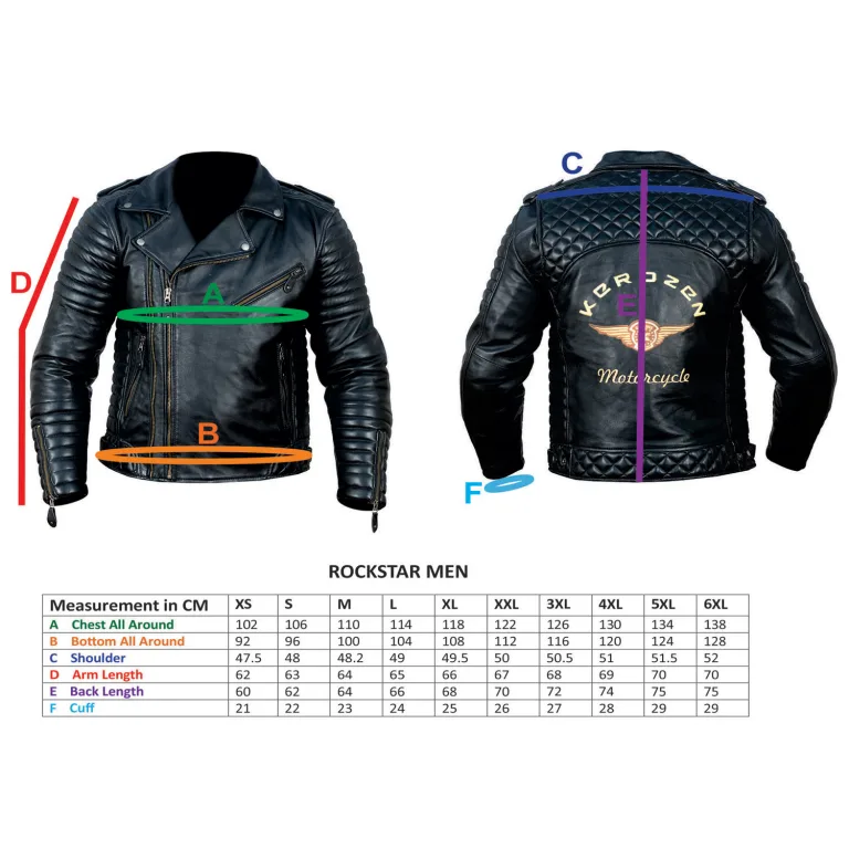 Size chart Rock Star Biker Leather Jacket Men