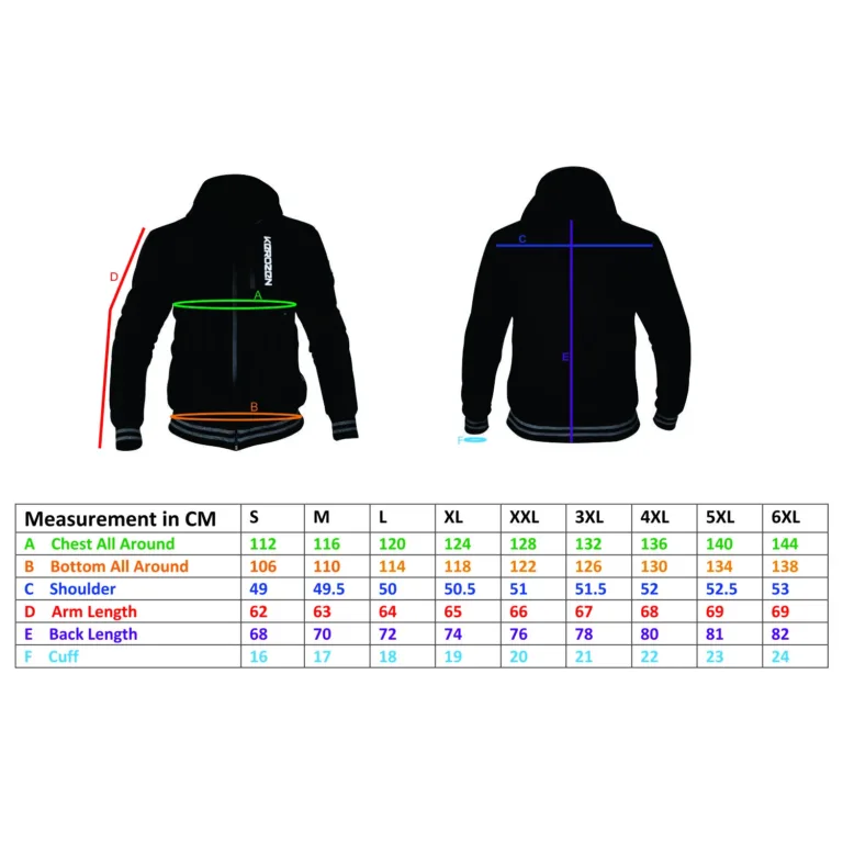 Kevlar Protective Motorcycle Hoodie size chart