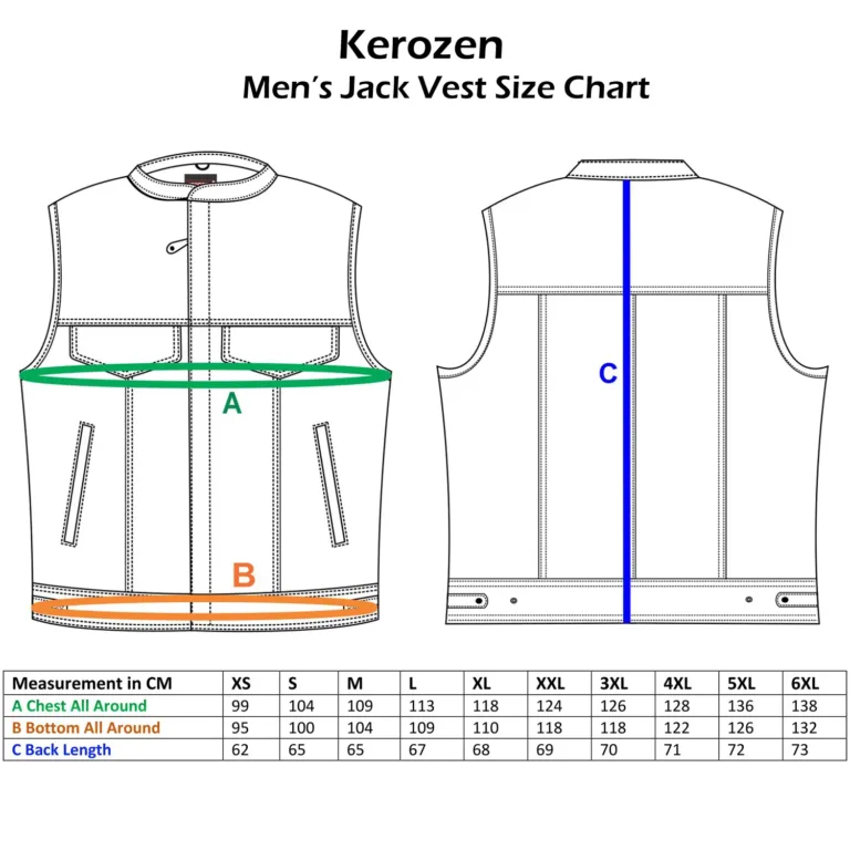 Leather Jack Vest size chart